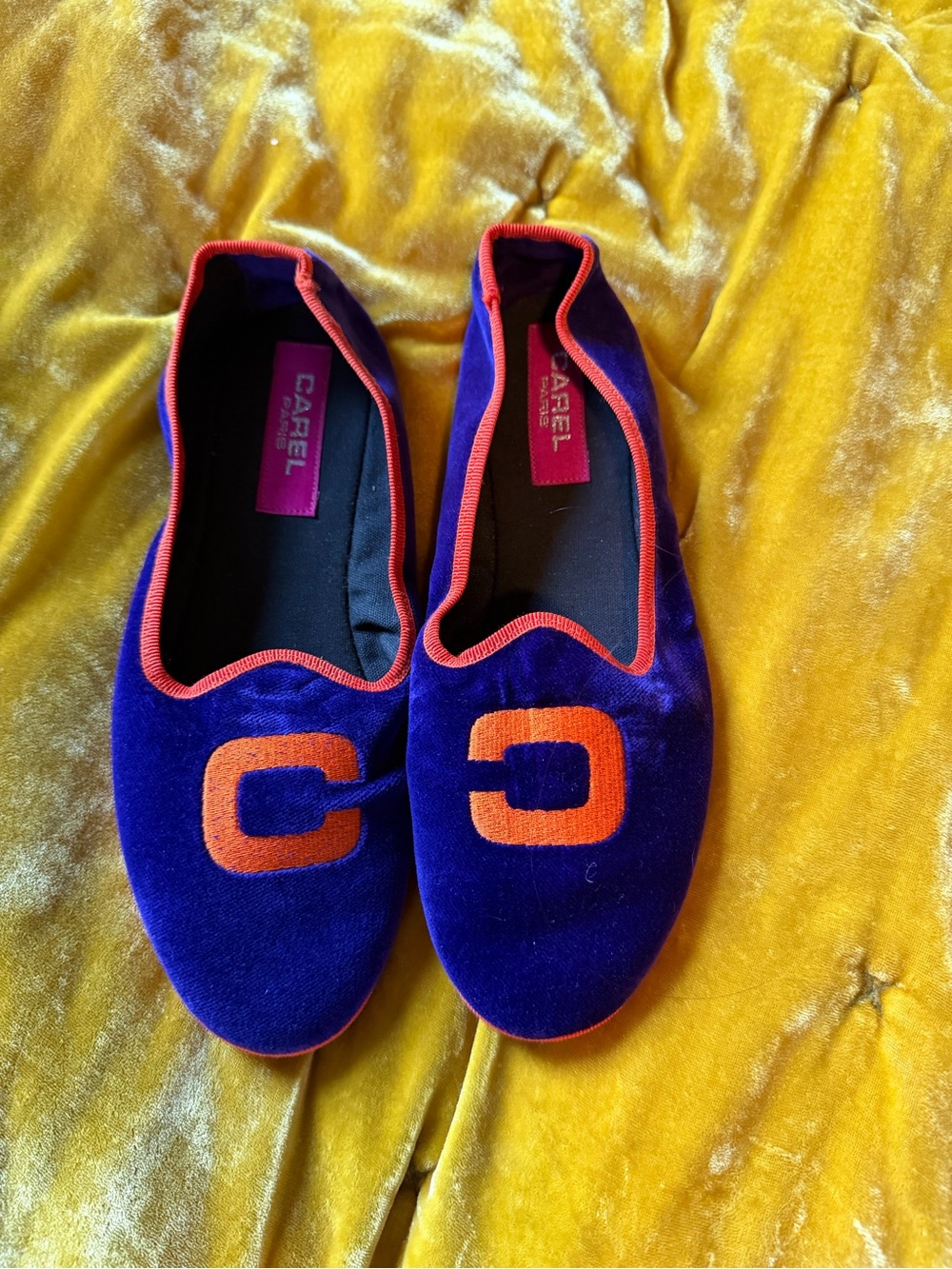 Carel women’s Velvet Slip-On Shoes in Blue with Orange Accent